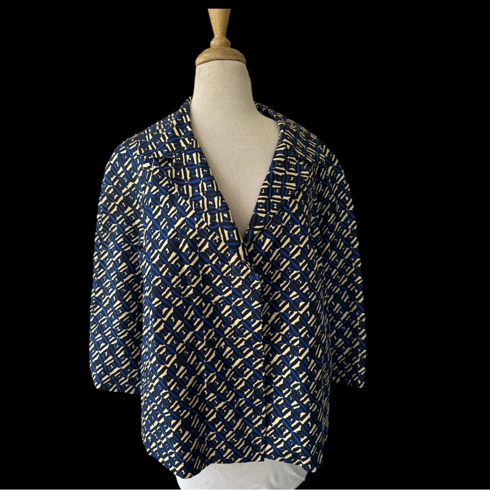 Jones New York Blue Ikat Print 100% Silk Blazer Sz 16W Career Wear JNY NWOT